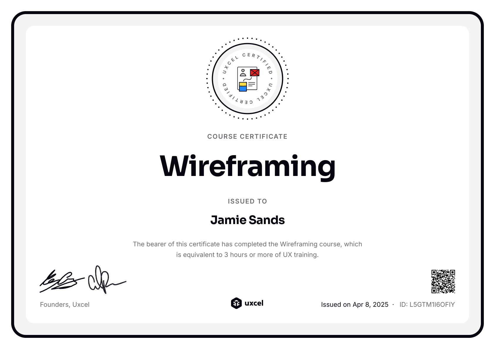 Jamie Sands's certificate